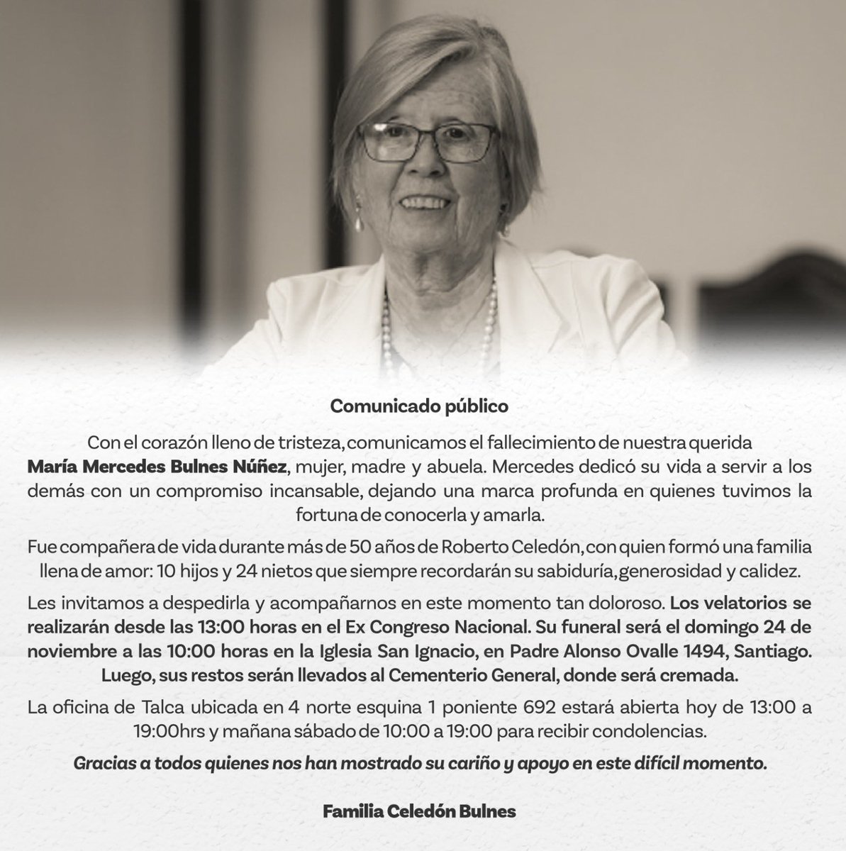 DiputadaBulnes's tweet image. Comunicado público
Con el corazón lleno de tristeza, comunicamos el fallecimiento de nuestra querida María Mercedes Bulnes Núñez, mujer, madre y abuela. Mercedes dedicó su vida a servir a los demás con un compromiso incansable, dejando una marca profunda en quienes tuvimos la…