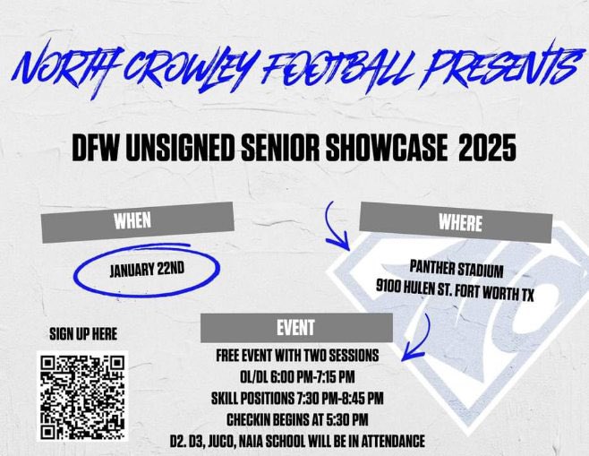 Eli Reinhart (@coachereinhart) on Twitter photo The 3rd Annual DFW Senior Showcase will be January 22nd at North Crowley HS. Over 20 schools were in attendance last year and offers went out that night! This event is FREE! Sign up using the QR code! Dinner provided for any college coaches in attendance. <a href="/Matt_Stepp817/">Matt Stepp</a> The 3rd Annual DFW Senior Showcase will be January 22nd at North Crowley HS. Over 20 schools were in attendance last year and offers went out that night! This event is FREE! Sign up using the QR code! Dinner provided for any college coaches in attendance. <a href="/Matt_Stepp817/">Matt Stepp</a>