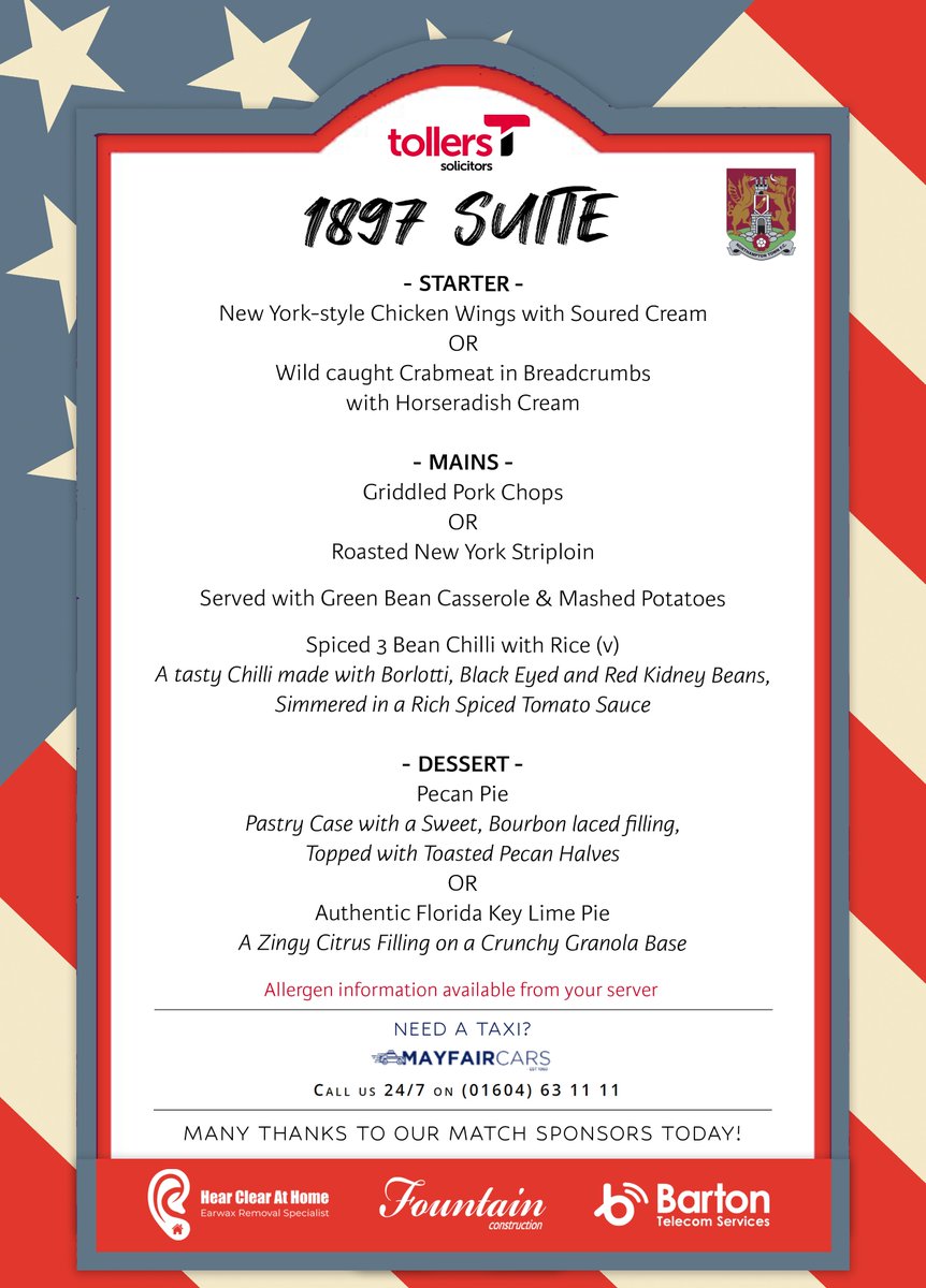 NTFCCommercial's tweet image. 🤩 Y'all! Our next game in the Cobblers Cuisine Club is here tomorrow!
🇺🇸 Check out our American themed menu which will be served in the @TollersSols 1897 Suite for the upcoming celebration of Thanksgiving!
🥳 We hope our sponsors & guests have a great time!
#ShoeArmy👞