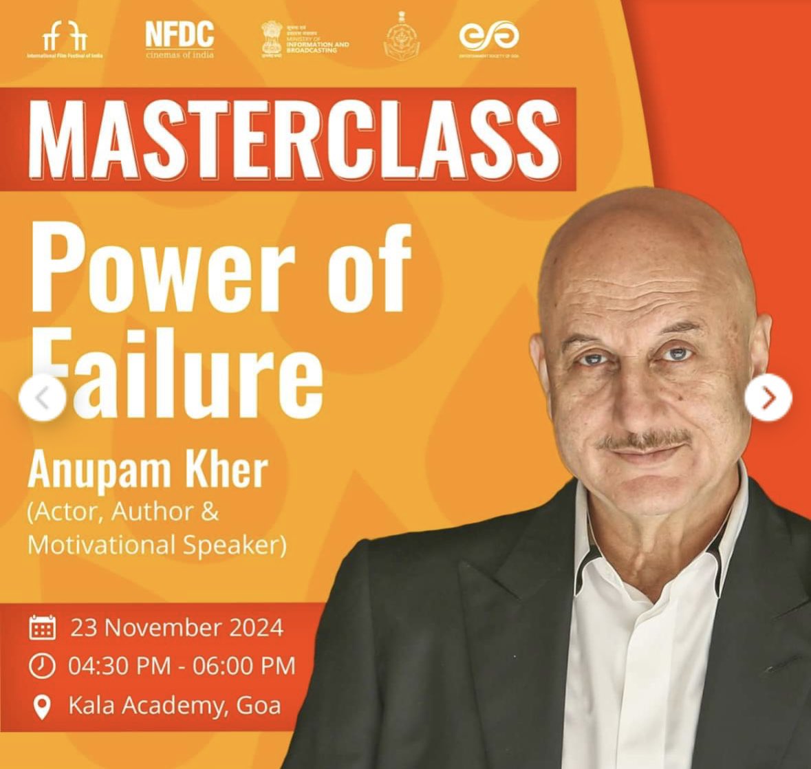AnupamPKher's tweet photo. Looking forward to my #MasterClass tomorrow at #IFFI. Come celebrate #PowerOfFailure with me! I am the success story of my failures! Jai Ho! 😍💪 @IFFIGoa @PIB_India https://t.co/nynEtXKjj9