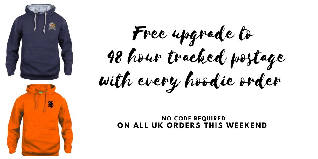As a thank you to our loyal customers &amp; followers, we're offering you free UK tracked shipping upgrade with every hoodie this weekend - No code required

Choose your hoodie
Select free shipping 
We embroider it to order
Automatically sent 48 hour tracked upgraded shipping