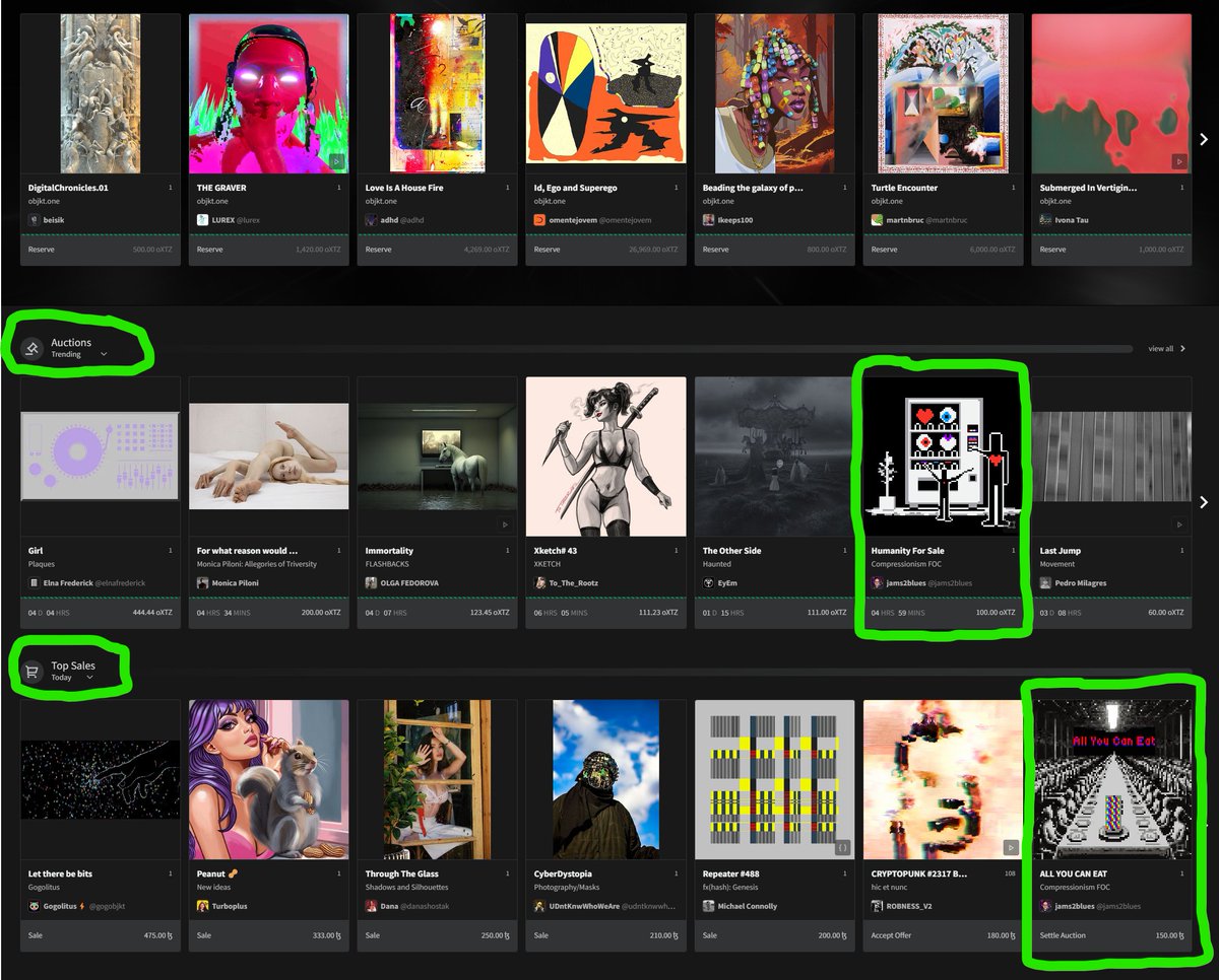 I'm trending on the front page of <a href="/objktcom/">objkt</a> ! For the first time in 3 years, 🥳🙏!  Next to some legends:
Congrats &amp; Thank you for breathing life back into <a href="/tezos/">Tezos</a>:
<a href="/pedro_milagres/">Pedro Milagres</a> <a href="/Real_EyEm/">EyEm / •Backup•</a> <a href="/totherootz/">To The Rootz</a> <a href="/olgafedorova112/">ＯF🙉</a> <a href="/elna_frederick/">Elna Frederick</a> <a href="/Gogolitus/">𝗚𝗢𝗚𝗢𝗟𝗜𝗧𝗨𝗦⚡</a> <a href="/NftSara1991/">TurboPlus 🧸</a> <a href="/DanaShostak/">Dana🐣</a>