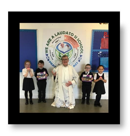 stbartholomews1's tweet photo. Thank you to Father Joe for blessing our 'Travelling Cribs'. this afternoon. The P.1 children are very excited to take the cribs home  to remember the journey Joseph and Mary made to Bethlehem, and as a family, to take some time to pause and reflect on the true meaning of Christmas.@StBartscmilk @rercag