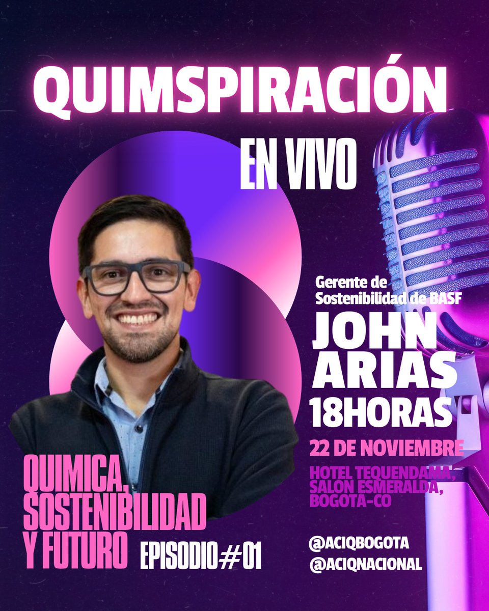 ACIQX_'s tweet photo. 🌟 ¡No te pierdas #Quimspiración en Vivo! 🌍✨

📅 22 de noviembre
⏰ 6:00 p.m.
📍 Hotel Tequendama, Salón Esmeralda, Bogotá
Hablaremos de química, sostenibilidad y futuro en el primer episodio de este increíble evento. 🎤
👉 ¡Sigue a @ACIQBogota y @ACIQNacional para más info! https://t.co/c11nL78kwb