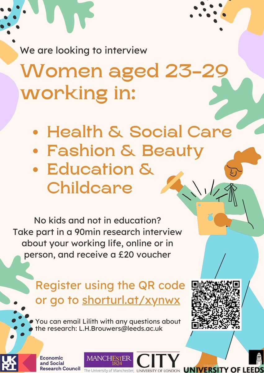 ESRC Young Women's Working Lives (@ywworking) on Twitter photo Are you a woman aged 23-29 working in Education & Childcare, Fashion & Beauty or Health & Social Care? Do you want to receive a £20 voucher?
We are looking for volunteers to take part in a 90-minute interview. You can sign up via this link: forms.office.com/Pages/Response… Are you a woman aged 23-29 working in Education & Childcare, Fashion & Beauty or Health & Social Care? Do you want to receive a £20 voucher?
We are looking for volunteers to take part in a 90-minute interview. You can sign up via this link: forms.office.com/Pages/Response…