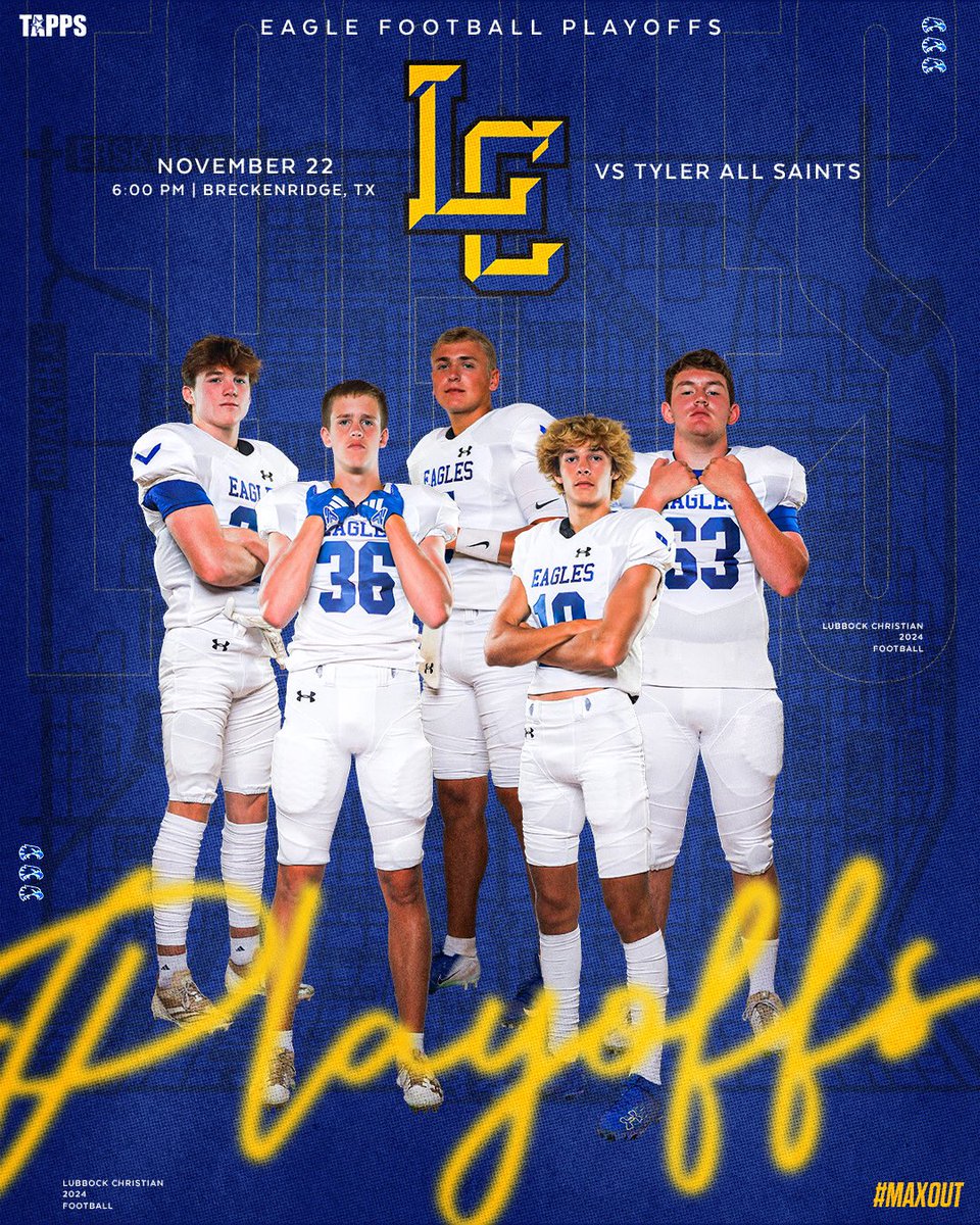 🏈 FB | GAME DAY!!!! 

⭐️Regional Playoff⭐️
🆚 Tyler All Saints
⏰ 6:00pm
📍Buckaroo Stadium in Breckenridge, TX

#lchseagles🦅 #MAXOUT
<a href="/LBKChristian/">Lubbock Christian School</a> <a href="/eaglesportsnet/">LC_EagleSportsNet</a> <a href="/LCEagleFootball/">LC Football</a> <a href="/pchristy11/">Pete Christy</a> <a href="/KCBD11/">KCBD NewsChannel11</a>