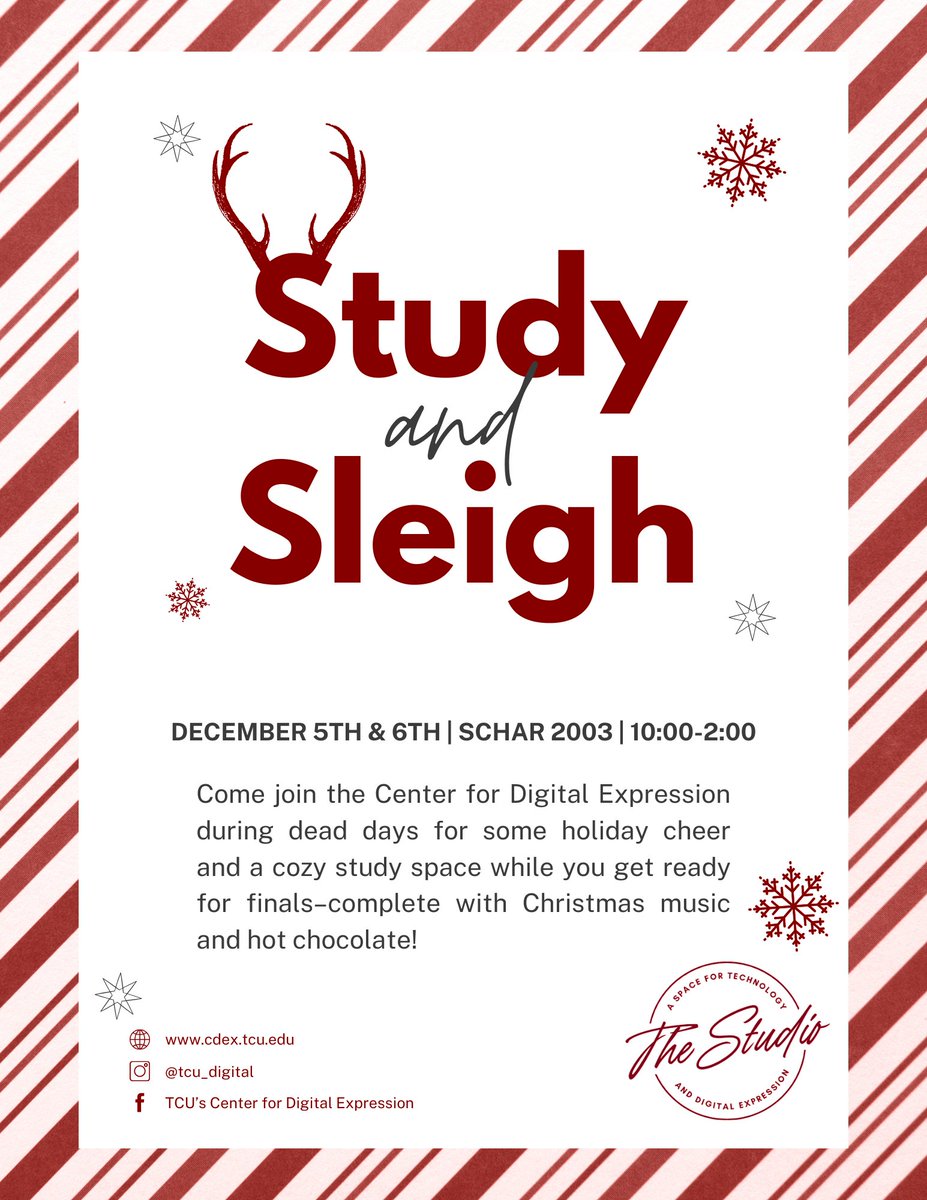 digital_tcu's tweet image. Ready to &quot;sleigh&quot; finals? The Center for Digital Expression will have our studio in SCHAR 2003 open from 10:00-2:00 on December 5 &amp;amp; 6 (university study days) for studying, Christmas music, and hot cocoa! ❤️ 🎄 ☃️ #TCU #TCUDCDA #TCUCDEx #GoFrogs #StudyAndSleigh