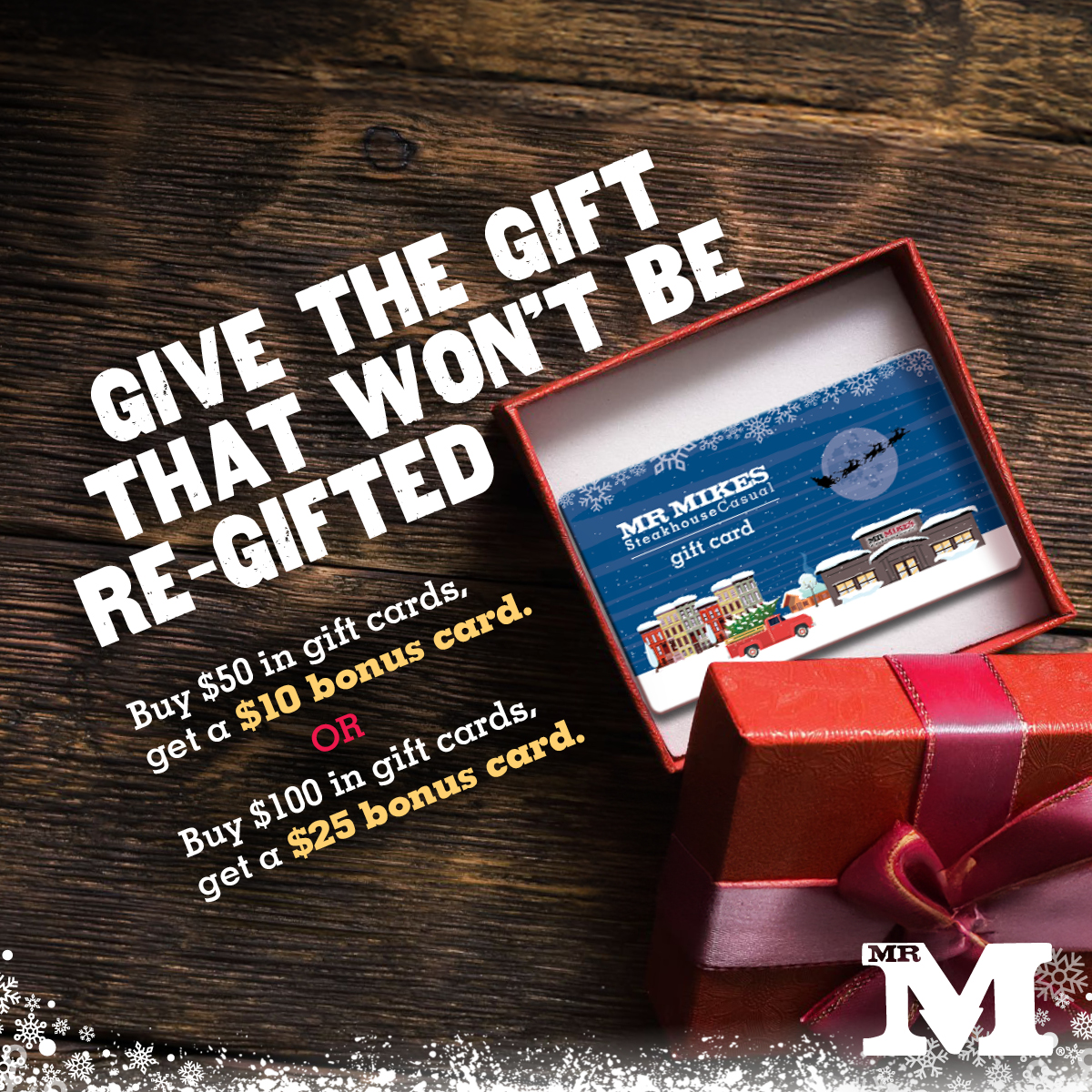 MrMikesOnline's tweet photo. Candles? Regifted. Socks? Regifted. MR MIKES gift card? Never. 🎁 Give the gift that guarantees smiles (and a little something for you).
Give $50 in gift cards, get a $10 bonus card.
OR give $100, get a $25 card!
Give more, get more. No regifting regrets.

#GiftCardBonus #MRMIKES https://t.co/9eMQGOKeJs