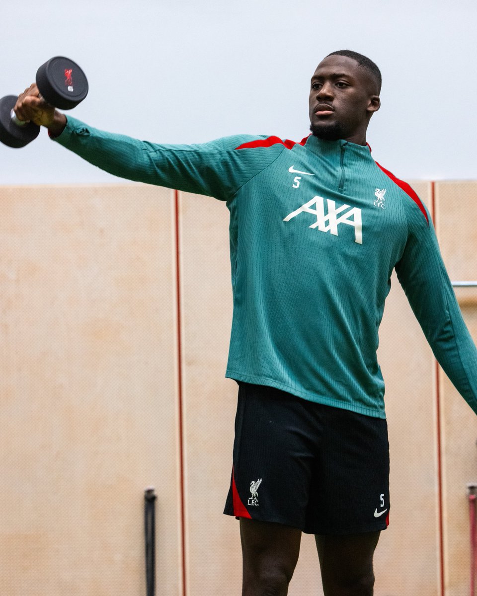 Photography of Ibrahima Konate in the gym at the AXA Training Centre.