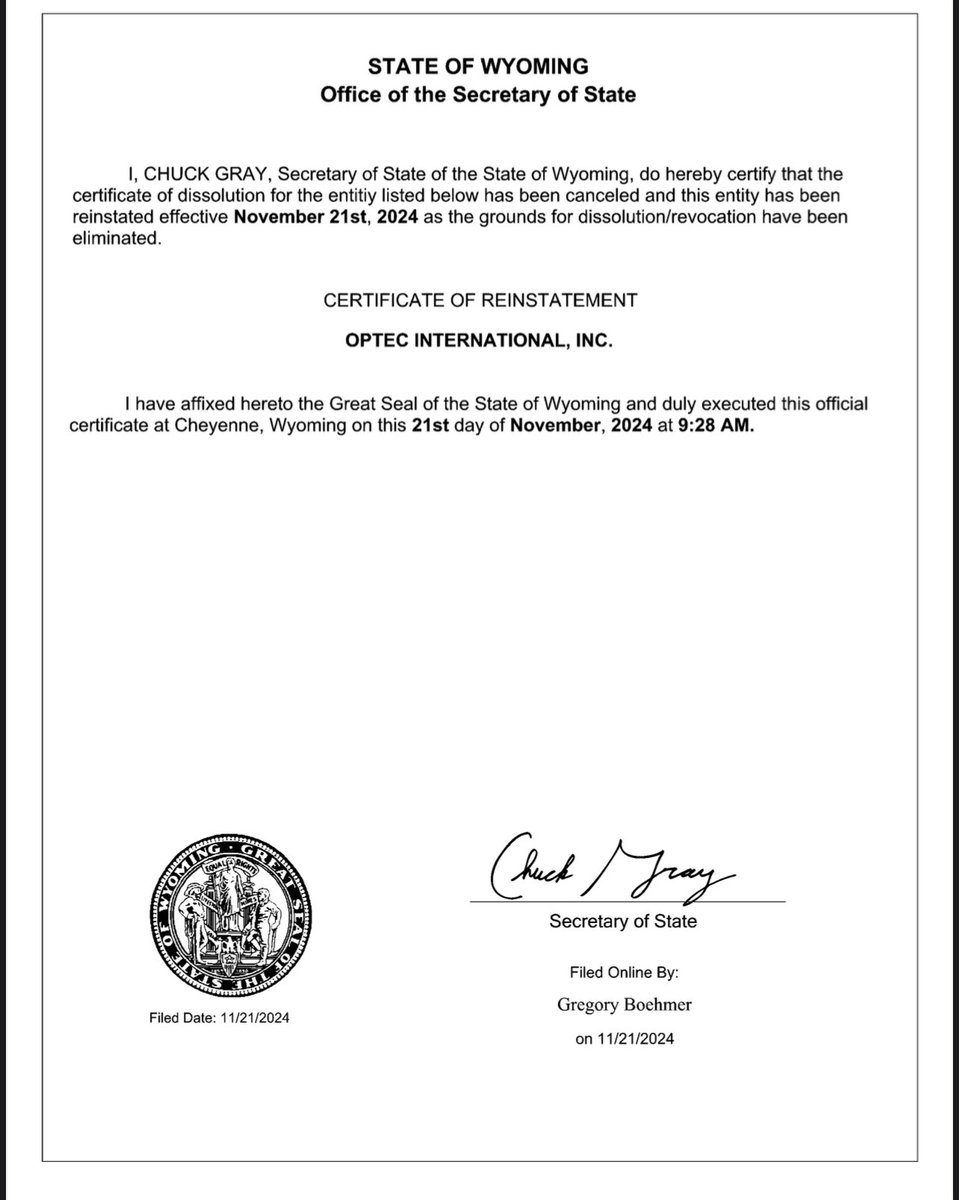 coldhardcash_mb's tweet photo. $OPTI. Full Reinstatement signed on November 21st,
2024
Things are moving forward 🔥🔥 https://t.co/6s0bORPf4R