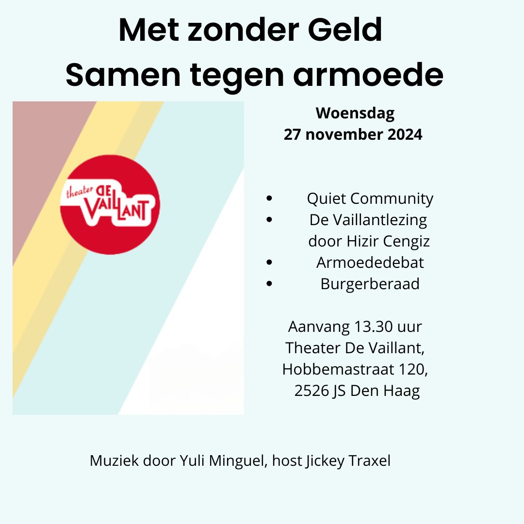Met zonder Geld. Samen tegen armoede.
Een informatief programma over armoede van  Heinop Walbroek  (ook bestuursvoorzitter van Vitalis) en Theater Vaillant :Wat armoede is, hoe we die kunnen bestrijden of tenminste draaglijker kunnen maken.
devaillant.nl/agenda/met-zon…