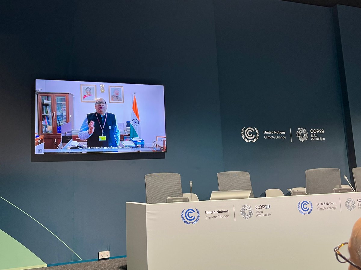 #87‘ Charging up Change: India’ on screen at COP 29 Baku, Azerbaijan. India’s initiatives in Bus transformation and latest PM e DRIVE scheme with focus on charging infra and heavy duty freight electrification including e Trucks  has been widely applauded by the global community.