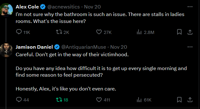 <a href="/GrayciesM/">graycies_mom</a> @Earth_To_Dina <a href="/acnewsitics/">Alex Cole</a> Explaining a joke is like dissecting a frog.
It's not funnier and the frog dies.

As you can see, Alex is wondering why Nancy Mace is making a fuss, since there are bathroom stalls in the Capital washrooms.

Then I come in, the hero you fcking deserve, mocking Nancy Mace and
