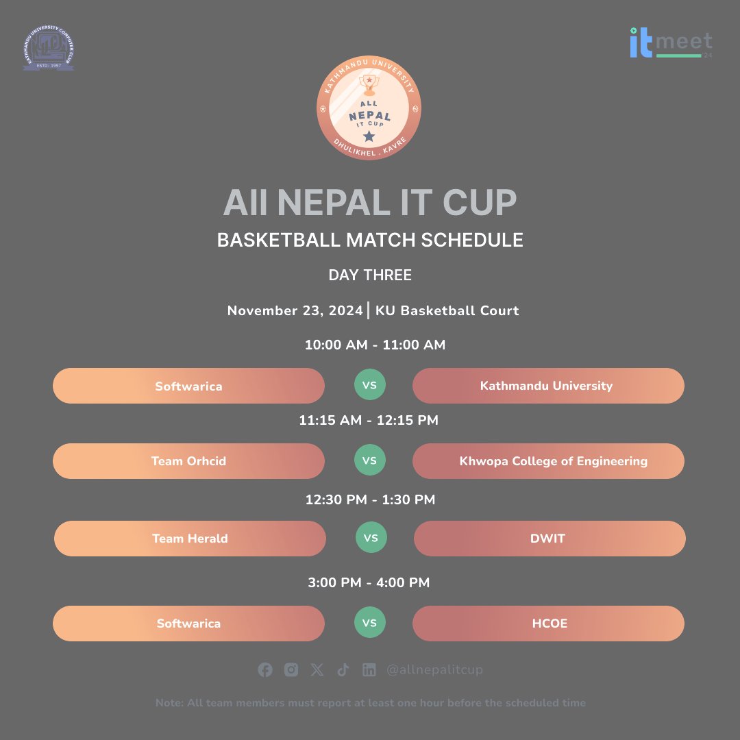allnepalitcup's tweet image. 🏀 Get ready for another thrilling day of basketball at the All Nepal IT Cup 2024!

📅 Day Three - November 23, 2024
📍 KU Basketball Court

Who will dominate the court tomorrow? Don't miss the action!
#AllNepalITCup #ITMeet24 #BasketballMatch #GameDay #KU #Sports