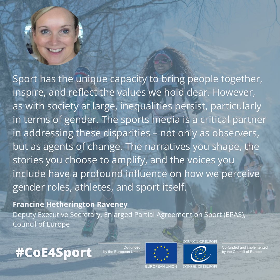 Sports media have the power to influence our perception of gender roles, athletes, and sport itself. That is why the #AllInPlus joint EU-CoE project has a key focus on media sensitisation.

<a href="/FrancineRaveney/">Francine Hetherington Raveney</a> opened the 2nd informative session at <a href="/EBU_HQ/">EBU</a>

➡️ go.coe.int/1FxV0