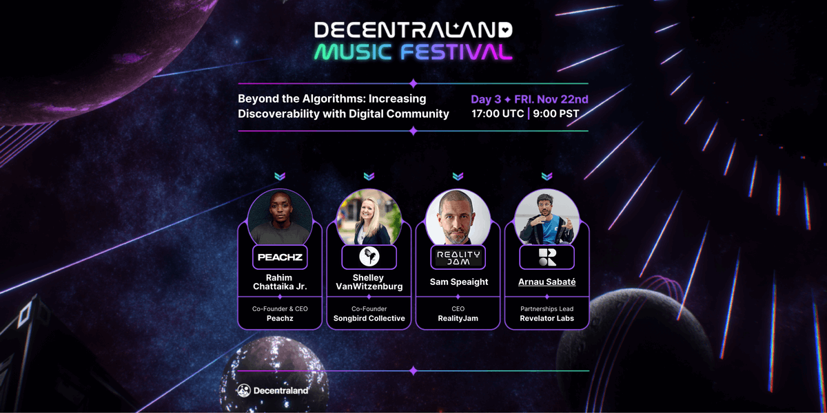 Today at <a href="/decentraland/">Decentraland</a> Music Festival, <a href="/rahimchatts/">R. Rahim Chattaika Jr.</a> joins other amazing MusicTech founders on the panel “Beyond the Algorithm: Increasing Discoverability Through Digital Community.” It’s not just about data—true music discovery needs an unbiased human touch to create that