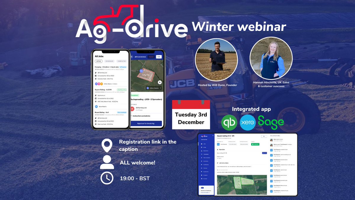 Agricultural contractors 🚜💨✅

Do you want to get paid quicker and improve your cashflow? 💰

Then join us Tuesday 3rd December at 7pm for our winter webinar, where you will get a live demo, and hear from other Ag-drive users.

Register here: us06web.zoom.us/webinar/regist…