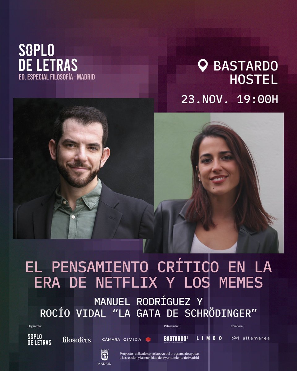 ¡ES MAÑANA!

Mañana estaré charlando sobre memes, series, manipulación informativa y pensamiento crítico con <a href="/SchrodingerGata/">Rocío Vidal</a> en el festival <a href="/soplodeletras/">SOPLO</a> para celebrar el #DiaMundialDeLaFilosofia. 

¿Os venís?