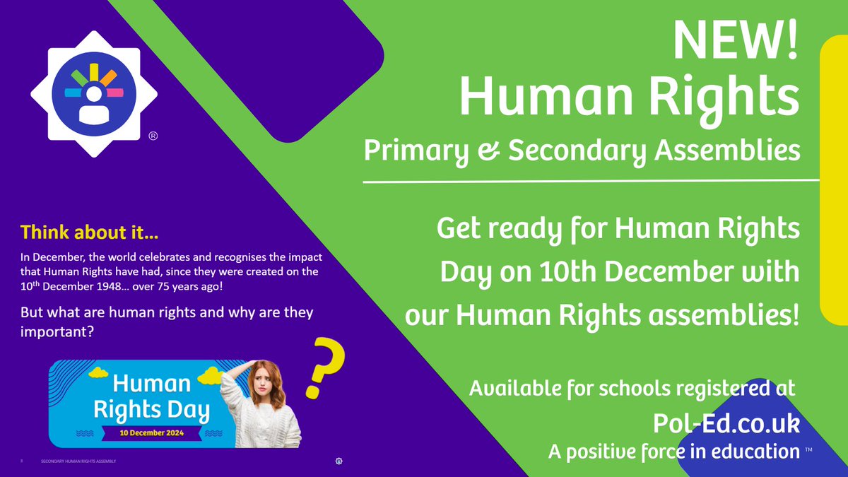 Pol_Ed_UK's tweet image. Our Human Rights Day assembly is available now. With versions for Primary &amp;amp; Secondary pupils, it has been designed to help students learn about children’s rights &amp;amp; responsibilities, what human rights are &amp;amp; why they were created.
#APositiveForceInEducation
#KEepingChildrenSafe