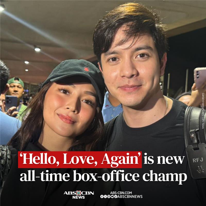 ABSCBNNews's tweet photo. NEW ALL-TIME BOX-OFFICE CHAMP 🙌

In just 10 days, "Hello, Love, Again" starring Kathryn Bernardo and Alden Richards made history as the new highest grossing Filipino film of all time.

READ: https://t.co/hvu4ufykNa https://t.co/enbjvcDPhZ