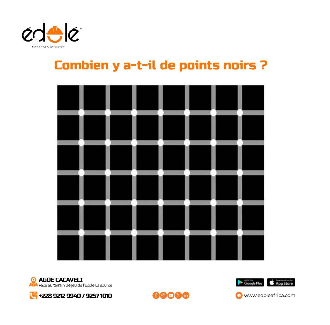 Petit casse-tête du jour : combien de points noirs pouvez-vous compter ? 🤔
Concentrez-vous bien, ça risque de jouer avec vos yeux ! 😄 
#detente #Fun #EACI #EdoleAfrica