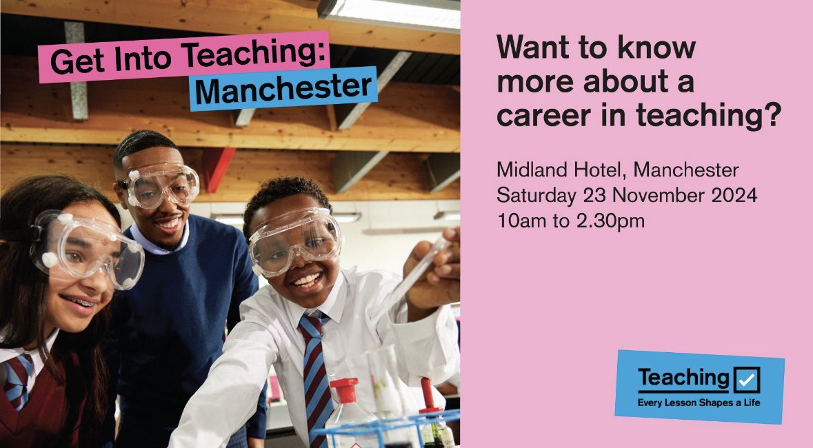 Our team will be at <a href="/getintoteaching/">Teaching</a> Train to Teach event in Manchester tomorrow👏 come along and see how we can help you on your journey into teaching 👩‍🏫👨‍🏫 #traintoteach #getintoteaching <a href="/LLTNetwork/">Lydiate Learning Trust</a>