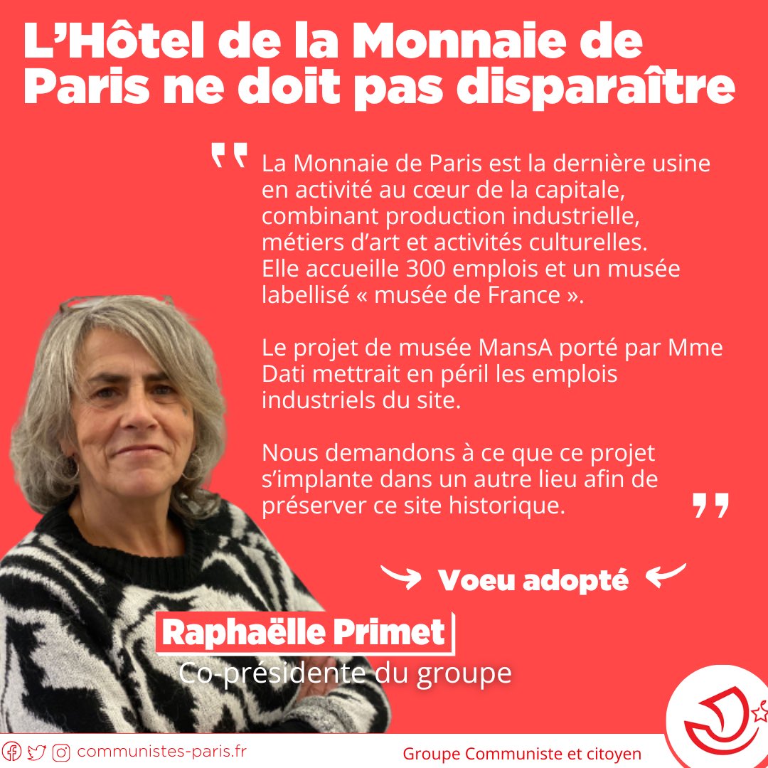 Le site de la Monnaie de Paris est un trésor de notre patrimoine.

Son avenir ne peut être sacrifié sur l'autel du projet de musée MansA porté par Mme Dati.

Notre vœu visant à protéger ce site historique et les 300 emplois industriels qu'il abrite a été adopté en #ConseildeParis