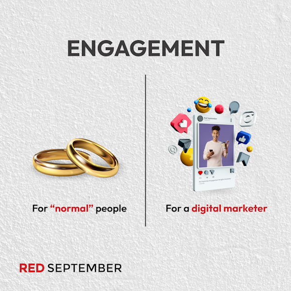 redseptemberZA's tweet photo. How normal people see engagement: Love and commitment. 💍
How we see engagement: Likes, shares, and metrics! 📊❤️ #Engagement #DigitalMarketing #RedSeptemberAgency #DigitalMarketingMemes https://t.co/BrVhc1Cj8C