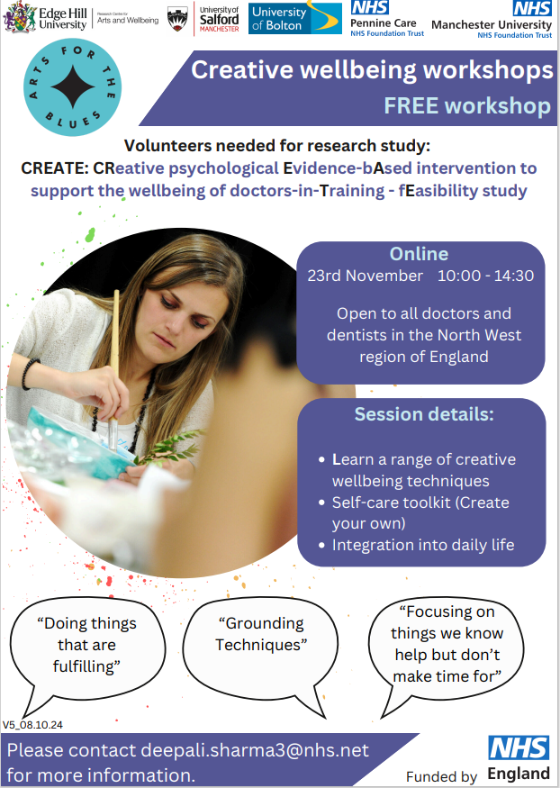 artswellEHU's tweet photo. We are very excited to be supporting the below online CREATE session tomorrow.  We will be looking to find a Creative psychological Evidence-based intervention to support the wellbeing of doctors-in-training. https://t.co/la2Kr99xcX