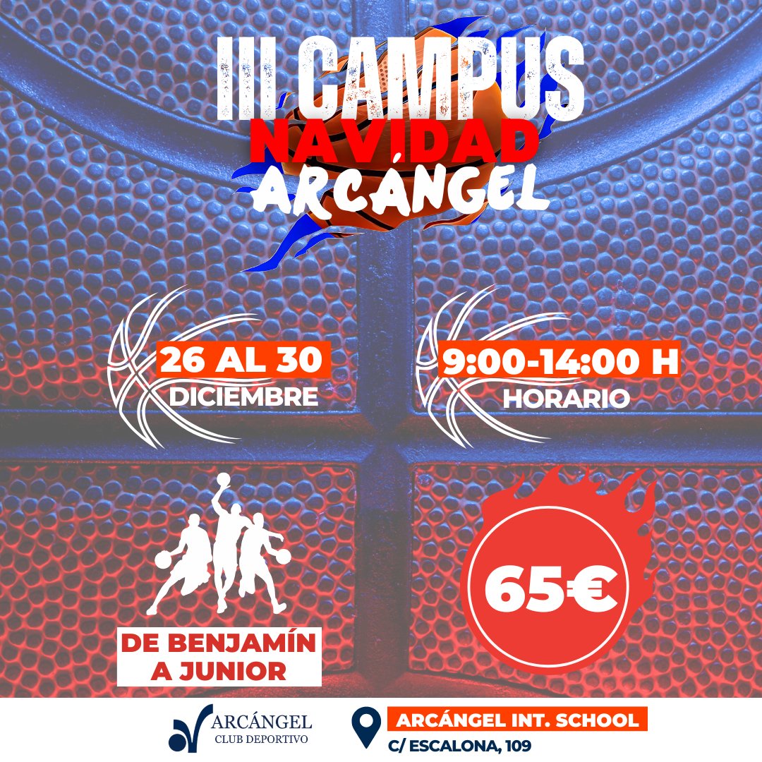 Vuelve nuestro #CampusNavidadArcángel de #Baloncesto.
Del 26 al 30 de diciembre disfruta del deporte de canasta junto a nuestros entrenadores.
+INFO e inscripciones docs.google.com/forms/d/e/1FAI…