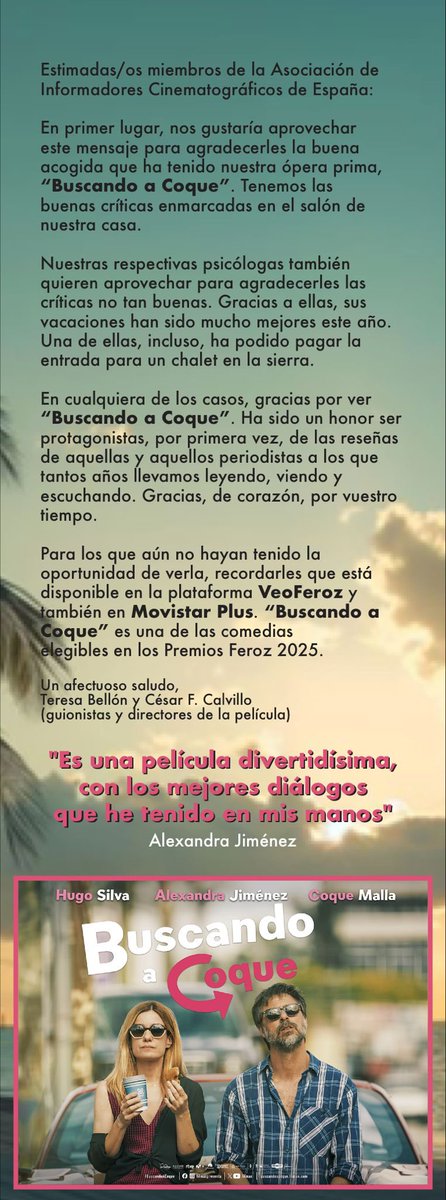 Que no falte el humor, ni para pedir la consideración a los #PremiosFeroz 
#BuscandoaCoque #Comedia #ComediaRomántica #AlexandraJiménez #HugoSilva #CoqueMalla