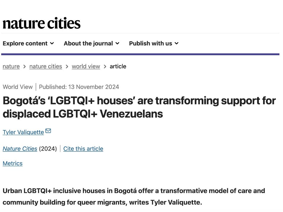 🚨Publication alert🚨

Happy to share my latest worldview published in Nature Cities!🤩🌍🌱It highlights how Bogotá’s LGBTQI+ houses provide crucial support to displaced communities, showcasing the power of municipal policies in creating inclusion🏳️‍🌈Read:  rdcu.be/dZ0If