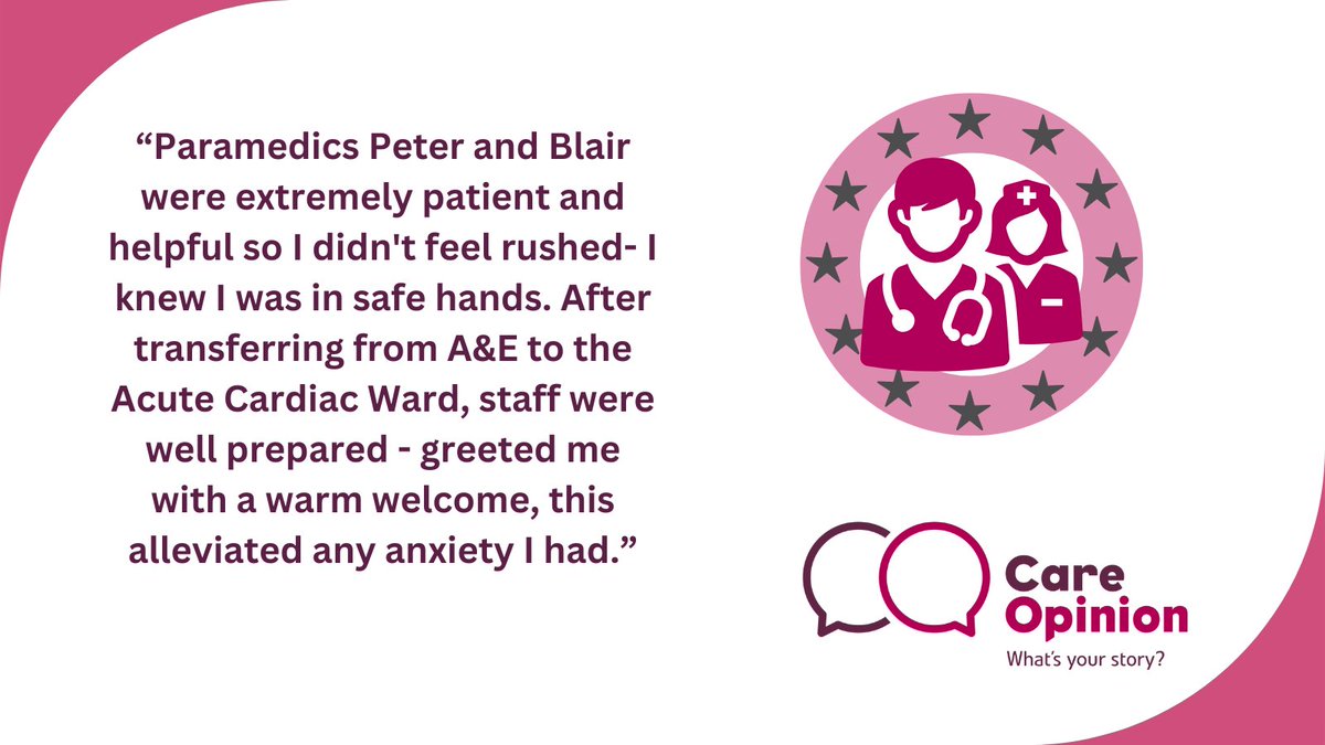 Care Opinion Scot (@careopinionscot) on Twitter photo A great story here written by a patient who felt in safe hands and looked after by everyone on their care journey - Well done to all the staff and the patient too for sharing their feedback. Full story here π
careopinion.org.uk/1290052
<a href="/NHSaaa/">NHS Ayrshire & Arran</a> <a href="/Scotambservice/">Scottish Ambulance</a> #Cardiology #AandE A great story here written by a patient who felt in safe hands and looked after by everyone on their care journey - Well done to all the staff and the patient too for sharing their feedback. Full story here π
careopinion.org.uk/1290052
<a href="/NHSaaa/">NHS Ayrshire & Arran</a> <a href="/Scotambservice/">Scottish Ambulance</a> #Cardiology #AandE