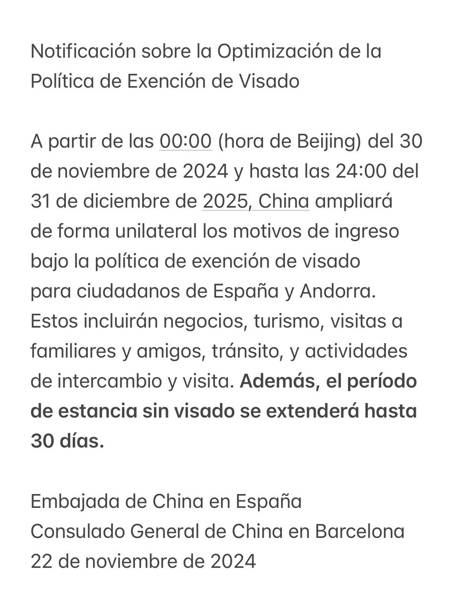 Buenas noticias 
China amplía la exención de visado para españoles y andorranos 30 días!
#2024MAMA #china #españa #andorra #visado #Turismo #negocio
