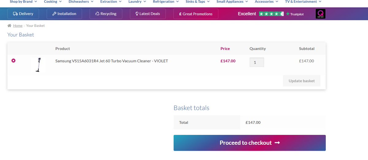 WayneEff's tweet photo. @appliancecity I'm trying to purchase this vacuum cleaner but the box to enter the voucher code isn't showing in the basket. Can you help? https://t.co/TjXN6OGWC2