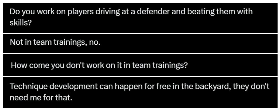 alike_no's tweet photo. A conversation I had a while back illustrates a massive misunderstanding of what is involved in beating players in a 1v1 and how it is learned.

I actually think this attitude is somewhat pervasive amongst coaches, so here are a few dynamics to the 1v1 to help you coach and develop a creative 1v1 player...