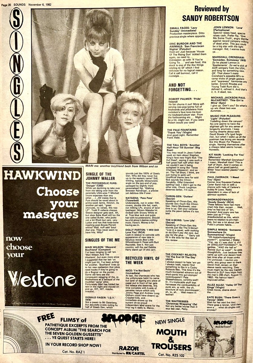 ZoundsAbound's tweet photo. Sandy Robertson reviews the Singles this week, with ‘(Beware) Boyfriend’ by @MissBeehive & ‘I.G.Y.’ By @DonaldFagen the best of the bunch.
Reviews too for @pfurs #Natasha #Nico #RobertPalmer #ChronGen @simplemindscom & #KitHain
Sounds Nov 6th 1982 https://t.co/fFjc7dCJSi