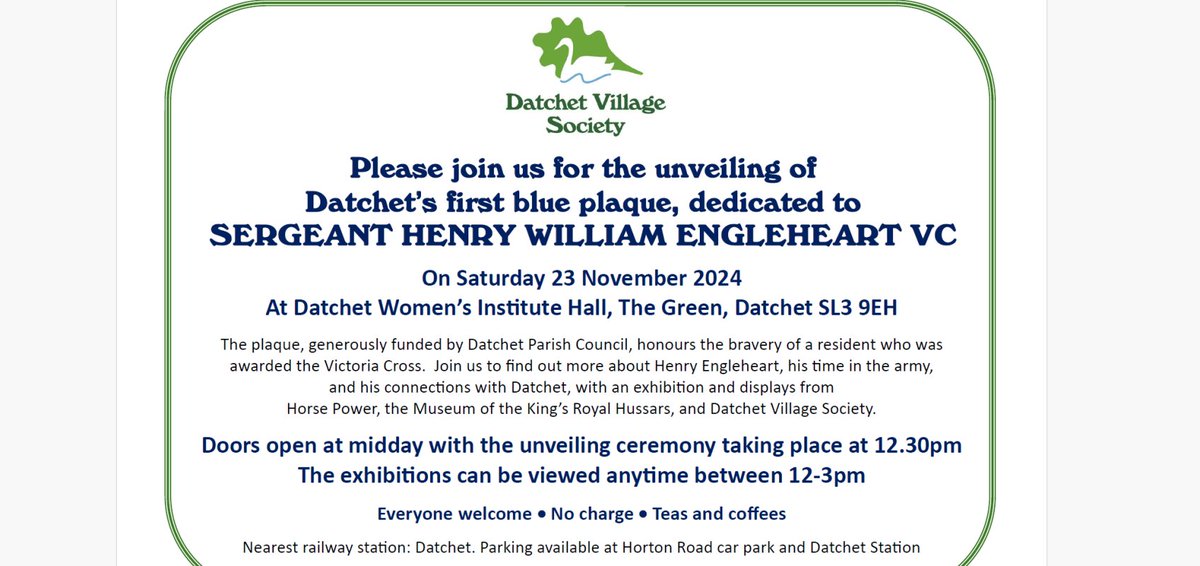 HorsePowerMus's tweet image. Unfortunately, the Museum will be closed tomorrow (Sat 23 November)
However, you can join the museum team at Datchet Women's Institute Hall (SL3 9EH), as Datchet's first blue plaque is unveiled; honouring Sergeant Henry William Engleheart VC, 10th Royal Hussars.