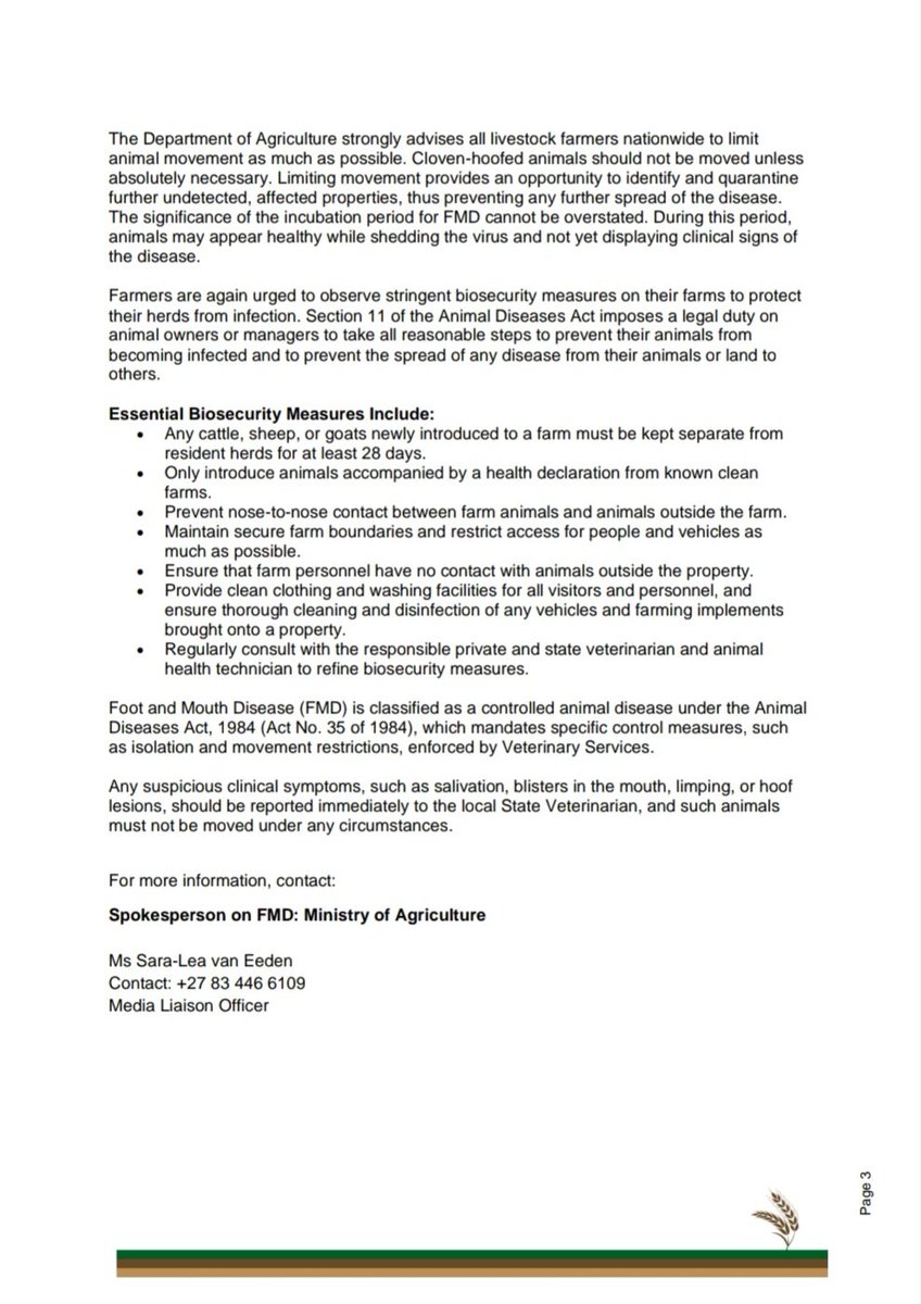 [Media Statement📃]
Update on foot-and-mouth disease (#FMD) outbreaks in the Eastern Cape and KwaZulu-Natal. <a href="/GCISMedia/">GCIS Media Liaison</a> <a href="/GovernmentZA/">South African Government</a> <a href="/foodformzansi/">Food For Mzansi</a> <a href="/VukuzenzeleNews/">Vuk'uzenzele</a> <a href="/FarmersWeeklySA/">Farmer's Weekly</a> <a href="/SABCNews/">SABC News</a> <a href="/eNCA/">eNCA</a> <a href="/Newzroom405/">Newzroom Afrika</a> <a href="/ARCSouthAfrica/">ARC South Africa 🇿🇦</a> <a href="/kzndard/">KZN DARD</a> @OFFICIALDRDAR