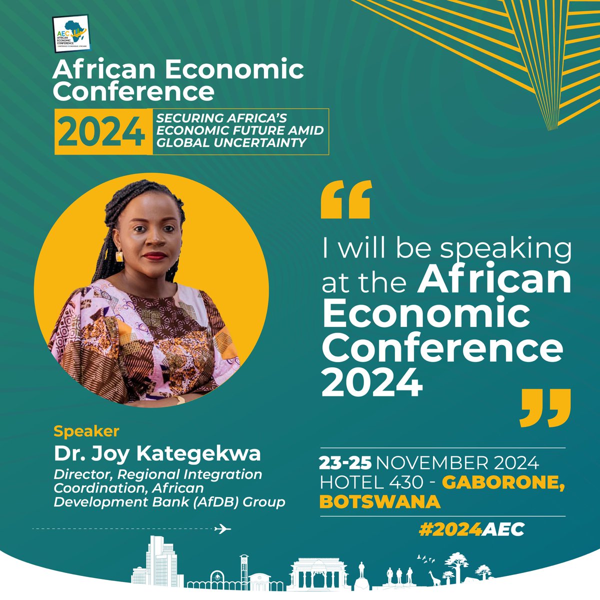 The stage is set! From tomorrow, #Gaborone, #Botswana, becomes the heart of Africa’s most impactful conversation on economic transformation as the #2024AEC kicks off. Don’t miss <a href="/JoyKategekwa/">Dr. Joy Kategekwa</a> insights across key sessions. Register to participate aec.afdb.org
