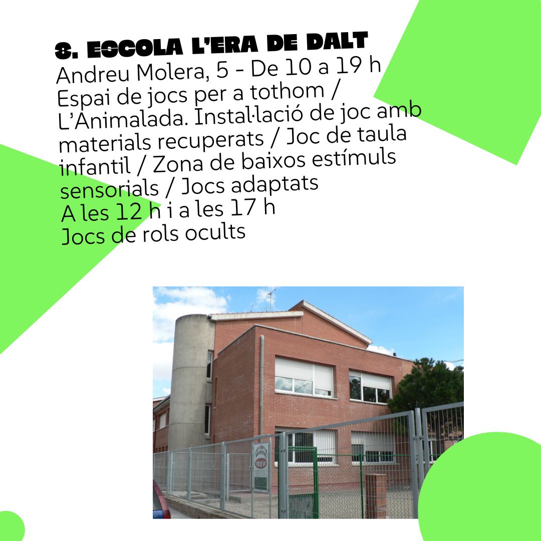 💚 Aquest any hem incorporat un nou espai, l’escola l’Era de Dalt, un espai inclusiu, on trobareu una zona de baixos estímuls sensorials per a les persones amb sensibilitats diverses i jocs adaptats a persones amb discapacitat visual.