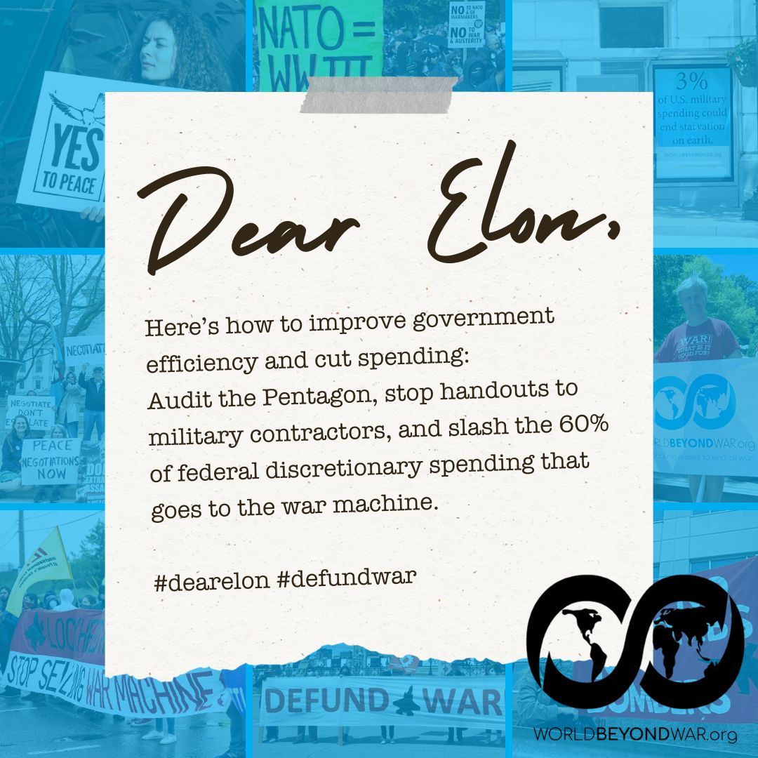 WorldBeyondWar's tweet image. .@elonmusk do you need ideas on what to cut from U.S. spending? Start with the war machine! 60% of federal discretionary spending funds endless wars that kill and destroy. 

Tell Elon to slash war budgets, not lives! Sign the petition now: worldbeyondwar.org/dearelon/ #DearElon