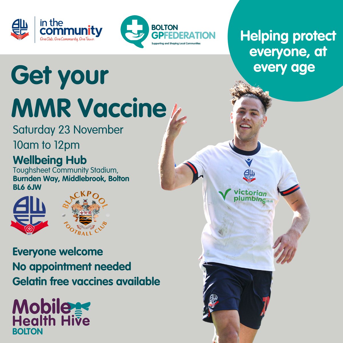 Reminder To All <a href="/OfficialBWITC/">Bolton Wanderers in the Community</a>  fans!⚽💙

Our team are at the Wellbeing Hub at Toughsheet Community Stadium before the Blackpool game today, 10am – 12pm offering:

⚽Free health checks &amp; advice
⚽Cancer screening guidance
⚽COVID &amp; MMR vaccines

No appointment needed!

#Bolton