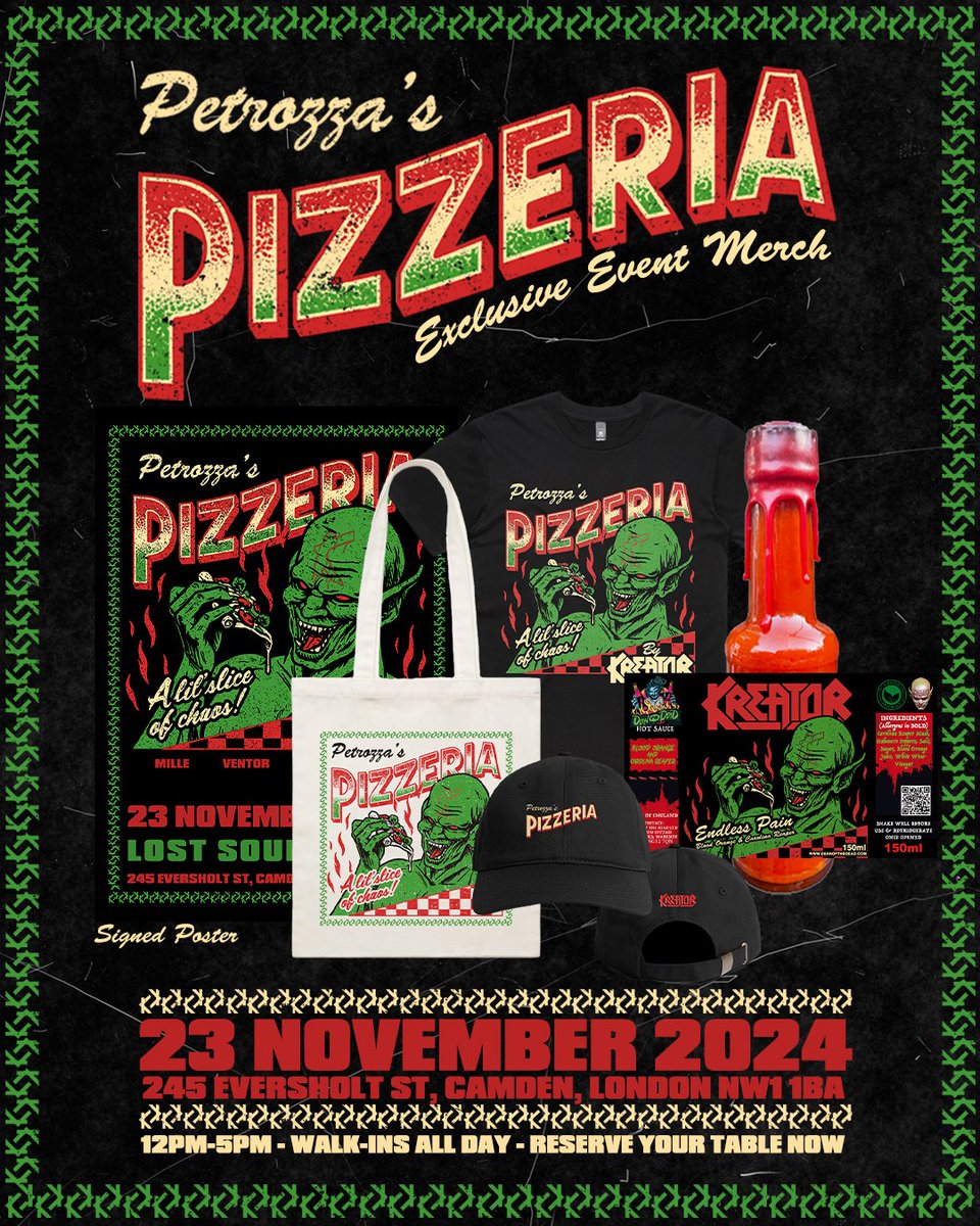 A LIL SLICE OF CHAOS!

Hordes! Join us TODAY at Lost Souls Pizza for exclusive merch, a Kreator-themed menu, guitar giveaway, archive merch sale and more! 

Limited table bookings are available now, walk-ins for drinks and merch available all day! 

kreatorband.lnk.to/PetrozzasPizze…