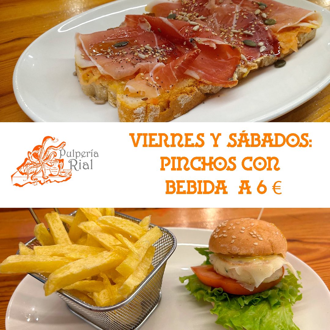 rialpulperia's tweet photo. Todos los viernes y sábados te ofrecemos un delicioso pincho y una bebida (copa de vino, refresco o cerveza) por 6€.   #pulperiarial https://t.co/oys6m9iUEr