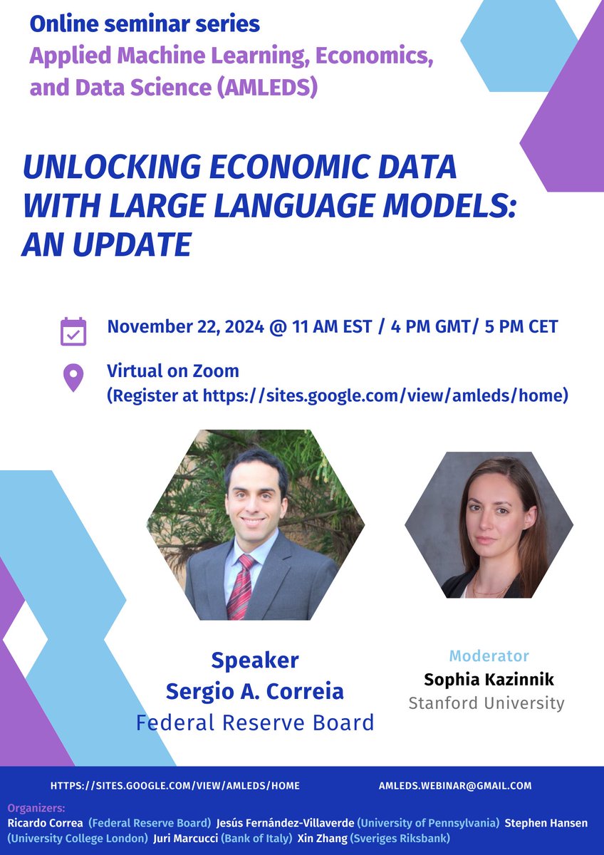 🚨 Reminder: Join us TODAY at 11 AM EST/5 PM CET for the #AMLEDS #Webinar with @Ogoun!
🌟 He’ll discuss how to explore the future of economic data analysis with LLMs. Don’t miss it!

🔗 Register now: lnkd.in/egTakd2

#EconTwitter #AI #MachineLearning #LLM #Econometrics