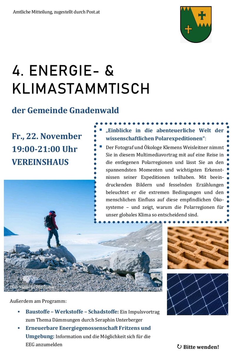 Tonight in #Gnadenwald:
I’m giving a multimedia talk about polar expeditions and the vital role of polar regions for our planet. Looking forward to an exciting evening – join us! 🌍❄️
#Expedition #Multimedia #ClimateChange #PolarRegions #SciComm