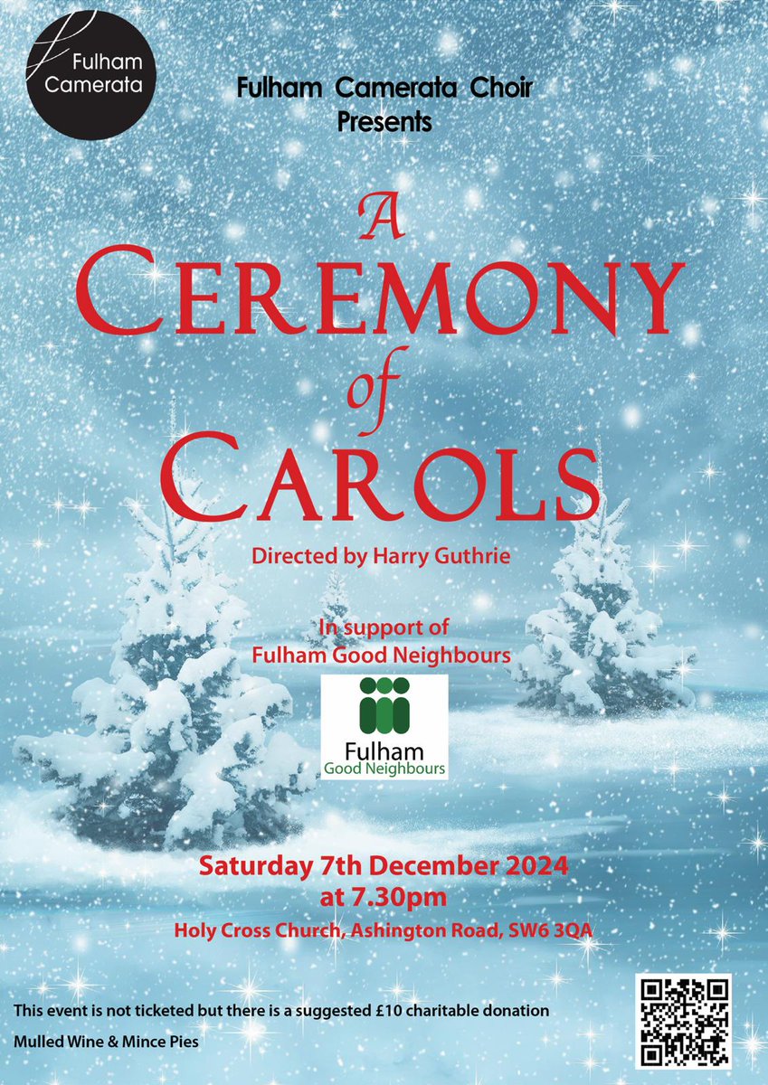 #FulhamCamerata is very excited to invite you to our Christmas concert featuring A Ceremony of Carols by Benjamin #Britten and other popular carols, in support of #FulGdNeighbours. 
For more details, click: fulhamcamerata.com
.
#choir #fulham #HarryGuthrie1 #christmascarols