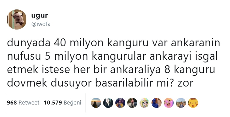 malumatfurusorg's tweet photo. "Kangurular Ankaralılar'a saldırıyor. Beytepe kırsalı, Ekim 1965." ifadelerini içeren mizahî paylaşım, Twitter Dili Edebiyatı'nın nadide parçalarından "Dünyada 40 milyon kanguru var Ankara'nın nüfusu 5 milyon. Kangurular Ankara'yı işgal etmek istese her bir Ankaralıya 8 kanguru dövmek düşüyor. Başarılabilir mi? Zor." tweetine atıfla atılmış.