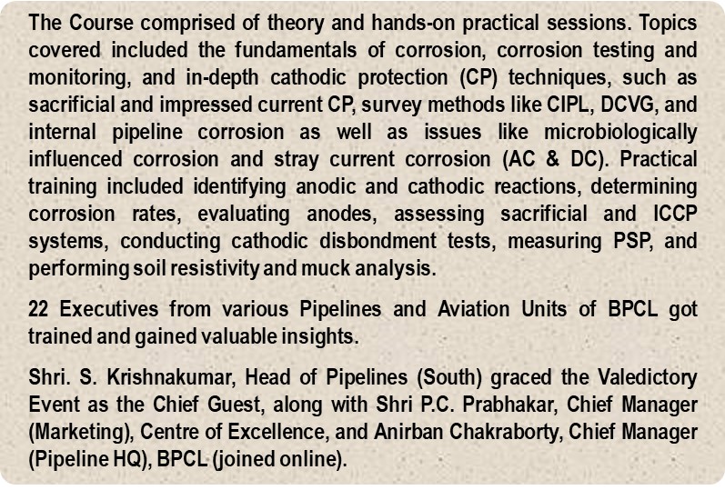 CSIR_CECRI's tweet photo. @CSIR_IND

Valedictory Event of Special Course on Cross Country Pipelines-Cathodic Protection &amp; Survey Methods for BPCL Engineers [Pipelines &amp; Aviation] organized by CSIR-CECRI at Karaikudi (18-22 Nov 2024). Dr. Jonas Davidson, Head, PPMG &amp; TTBD, CSIR-CECRI Presided the function. https://t.co/J5NpfoDxyz